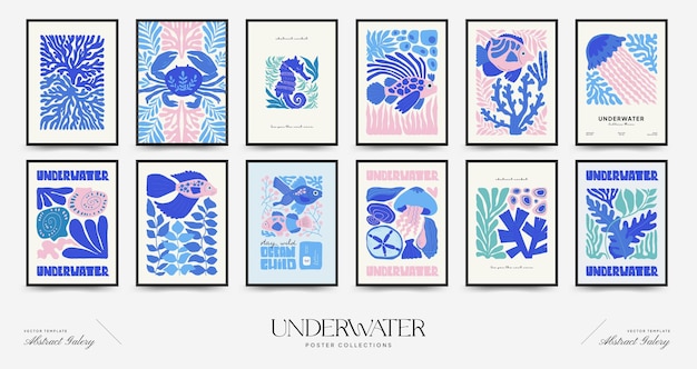 Underwater world ocean sea fish and shells vertical flyer or poster template modern trendy