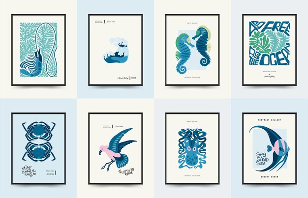 Underwater world ocean sea fish and shells vertical flyer or poster template