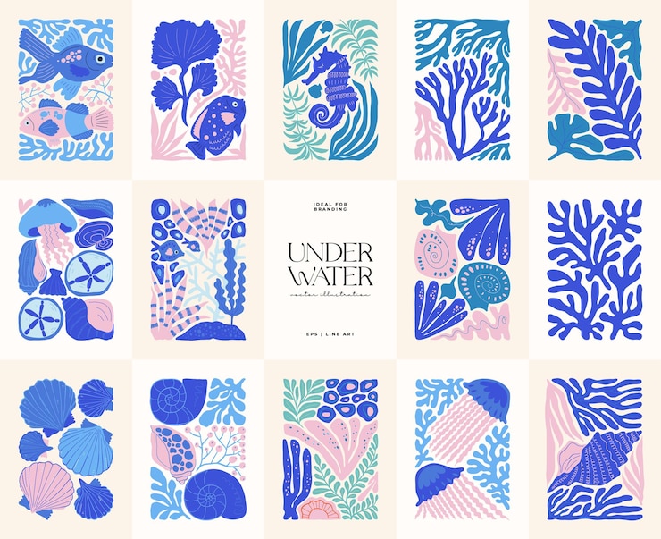 Vector underwater world ocean sea fish and shells vertical flyer or poster template