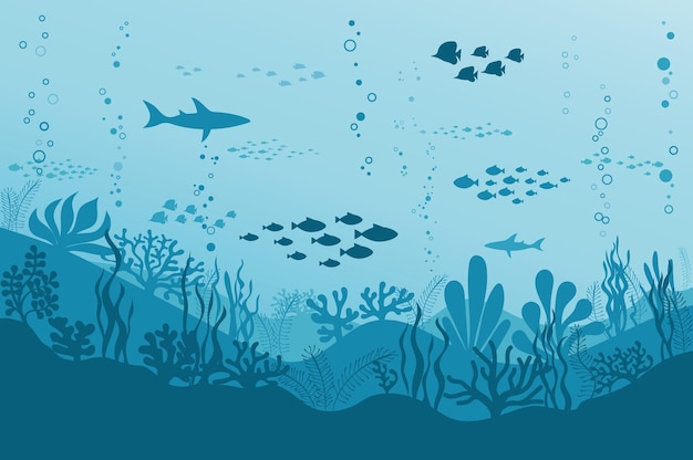 Vector underwater world ocean silhouette seagrass background