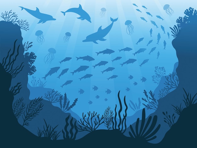 Underwater World Ocean silhouette Seagrass background