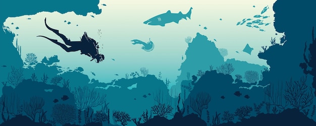 Vector underwater world ocean silhouette seagrass background