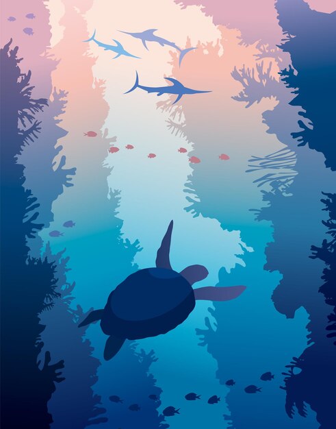 Vector underwater world ocean silhouette seagrass background