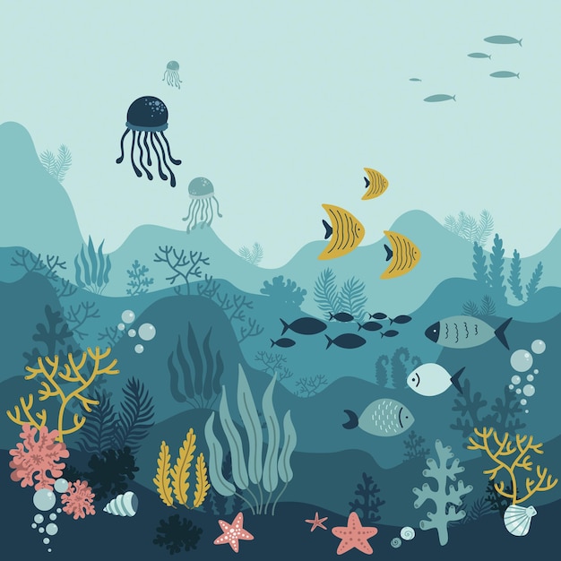 Underwater World Ocean silhouette Seagrass background