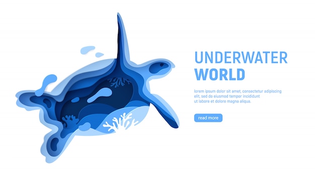 Underwater world page template. paper art underwater world concept with turtle silhouette.