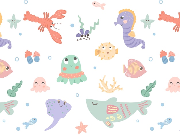 Underwater world pattern Cartoon underwater characters Whale fish starfish octopus