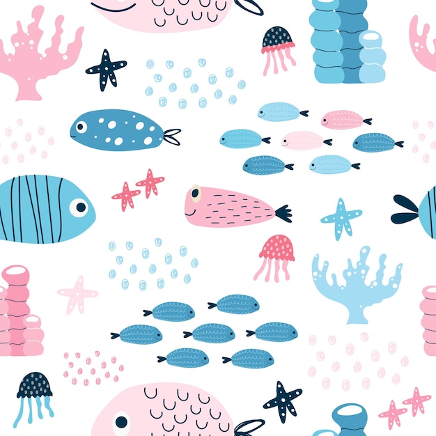 ベクトル 水中の世界のパターン面白い魚のサンゴと海洋生物シームレスな無限の背景服のテキスタイルの壁紙の赤ちゃんのプリントベビーシャワーベクトルイラスト手描き