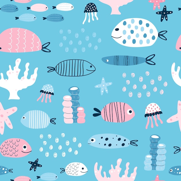 水中の世界のパターン面白い魚のサンゴと海洋生物シームレスな無限の背景服のテキスタイルの壁紙の赤ちゃんのプリントベビーシャワーベクトルイラスト手描き