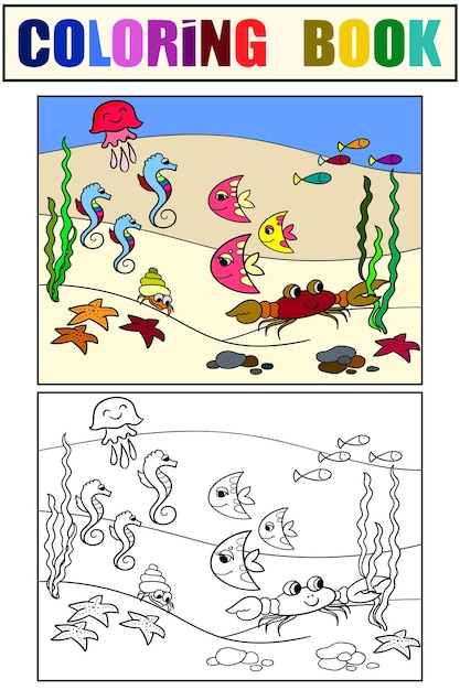 The underwater world the seabed with its inhabitants Cartoon vector coloring and color