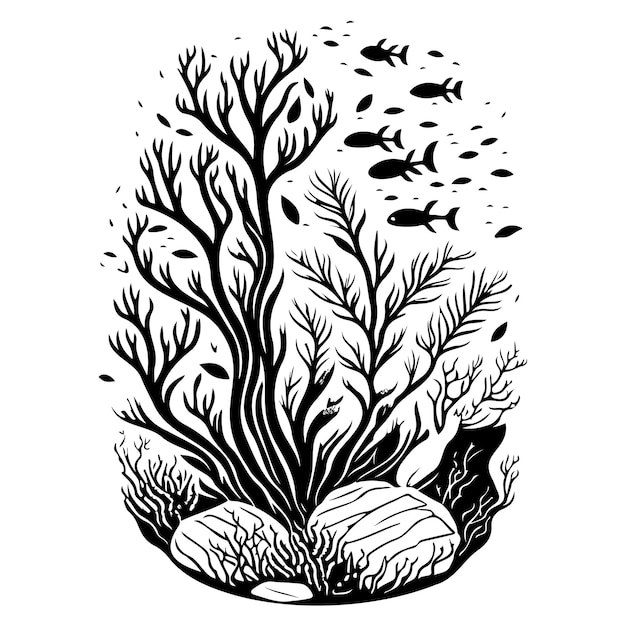 underwater world seaweeds grow rocks illustration sketch hand draw