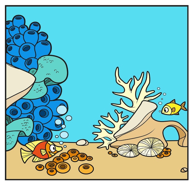 Vector underwater world simple square background with fishes stones corals and algae color variation for coloring page