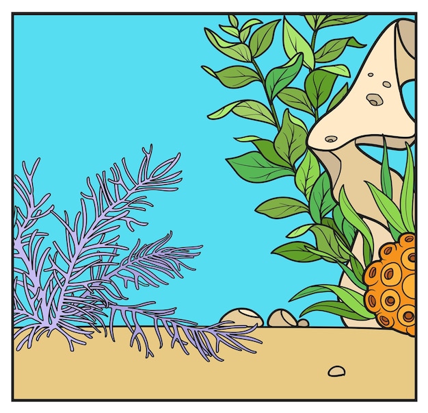 Underwater world simple square background with the stones and algae color variation for coloring page