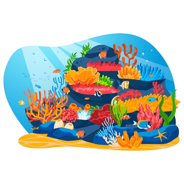 Underwater world vector coral reef and fishes in red sea illustration