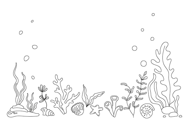 Vector underwater world with coral reef and seaweed in sea or ocean under water background with place for