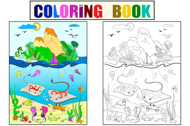 魚植物島とカラベル子供漫画のベクトル図の着色と水中の世界