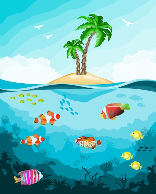Mondo sottomarino con pesci e isola tropicale