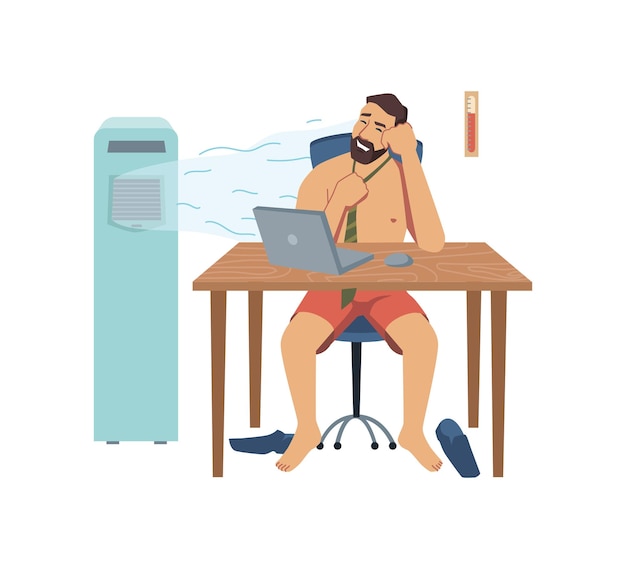 Vector undressed man working in heat office with fan