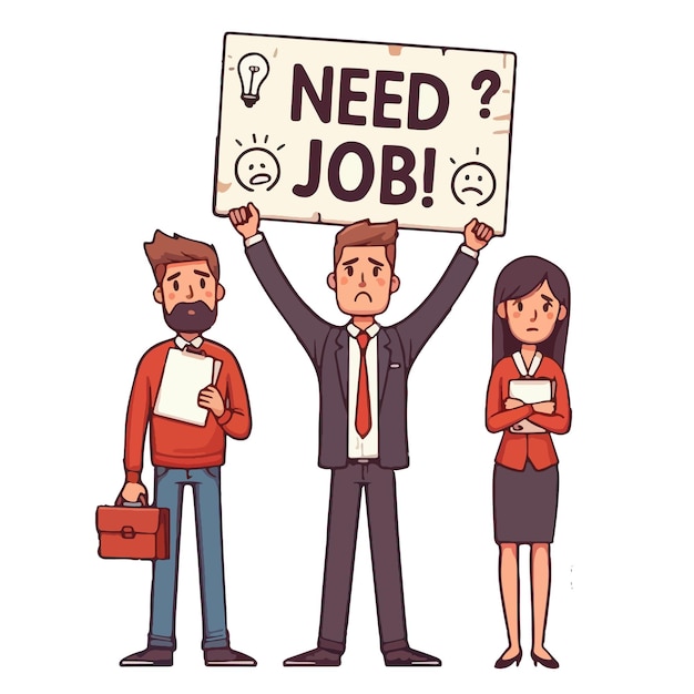 unemployment cartoon people holding banner with word need job