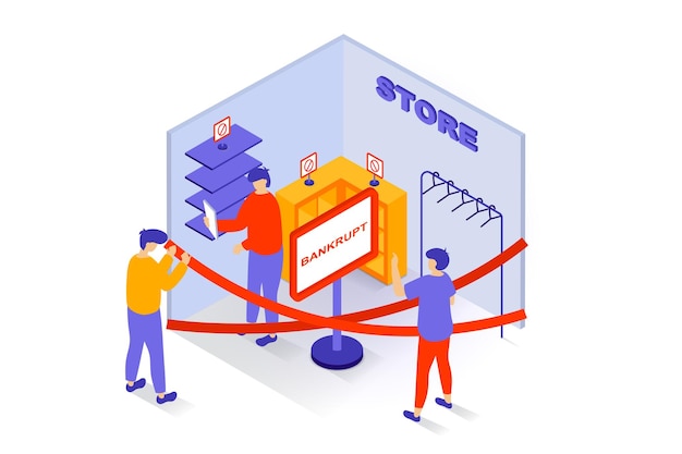 Unemployment and crisis concept in 3d isometric design People have financial problems and close unprofitable store lose business and carrier Vector illustration with isometry scene for web graphic