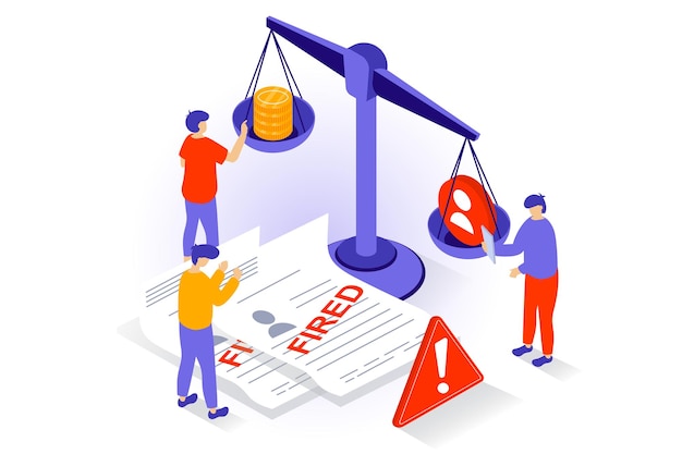 Unemployment and crisis concept in 3d isometric design People make decisions to fire employees choose candidates career failure and stress Vector illustration with isometry scene for web graphic