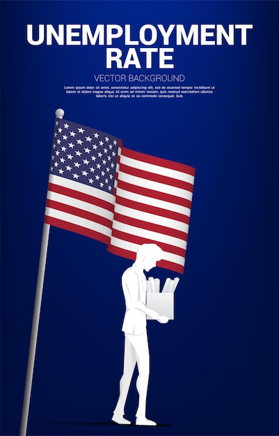 Vector unemployment man walk away with united states of america flag. business concept for jobless rate in america.