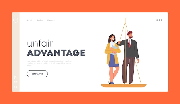 Unfair Advantages Landing Page Template Inequality and Imbalance Concept Male and Female Characters Stand on Scales