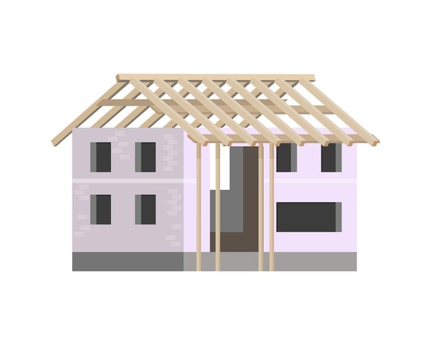 Unfinished wooden roof on brick building construction process