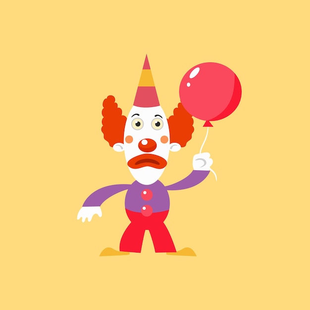 Unhappu Clown Holding Balloon Simplified Isolated Flat Vector Drawing In Cartoon Manner