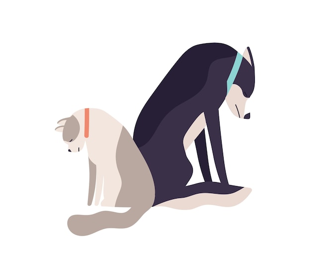 Vector unhappy abandoned cat and dog sitting together having sadness vector flat illustration. depressed sad domestic animal feeling loneliness isolated on white. two colorful upset homeless pet.
