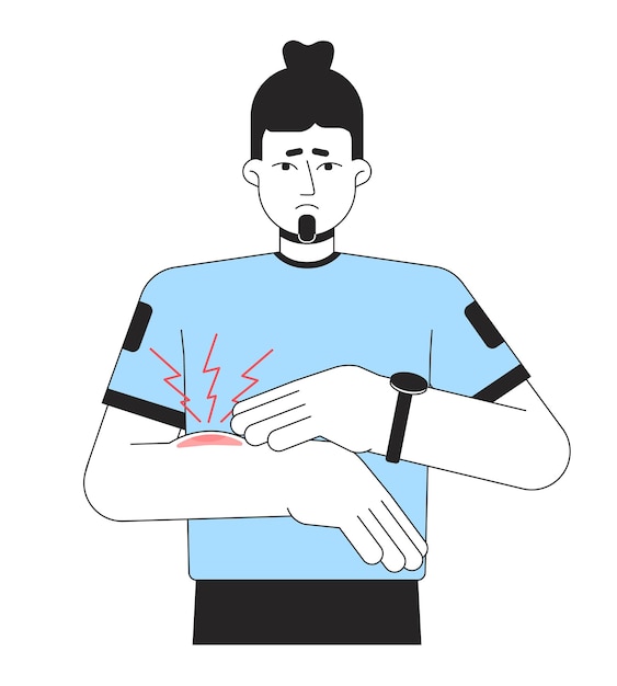 Вектор Несчастный азиатский мужчина имеет синяк плоская линия цвет векторный персонаж редактируемый контур половина тела мужчина с раненой рукой, которая болит на белом простой мультфильм иллюстрация места для веб-графического дизайна