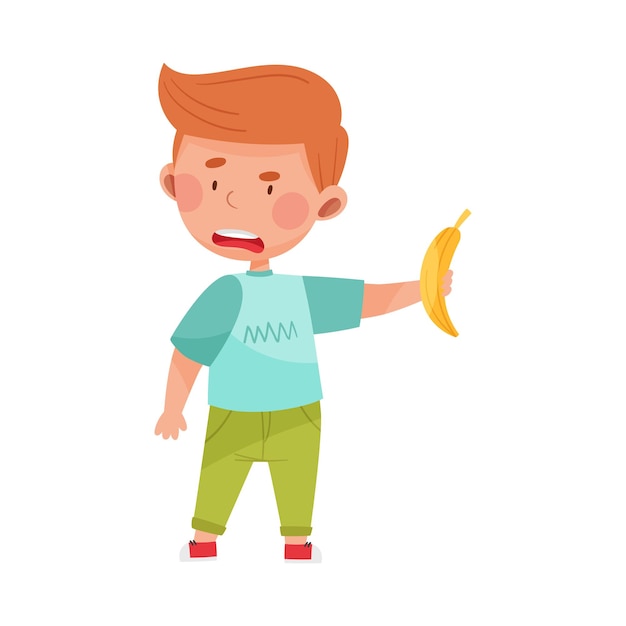 Vector unhappy boy character showing dislike towards banana vector illustration