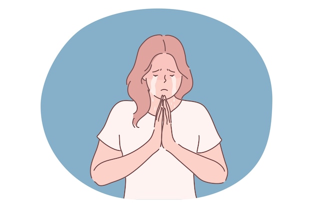 Unhappy crying desperate woman or girl cartoon character pray to god lord