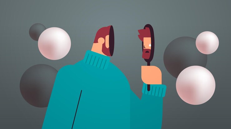 Vector unhappy depressed man looking at mirror guy feeling desperate and lonely mental health diseases depression