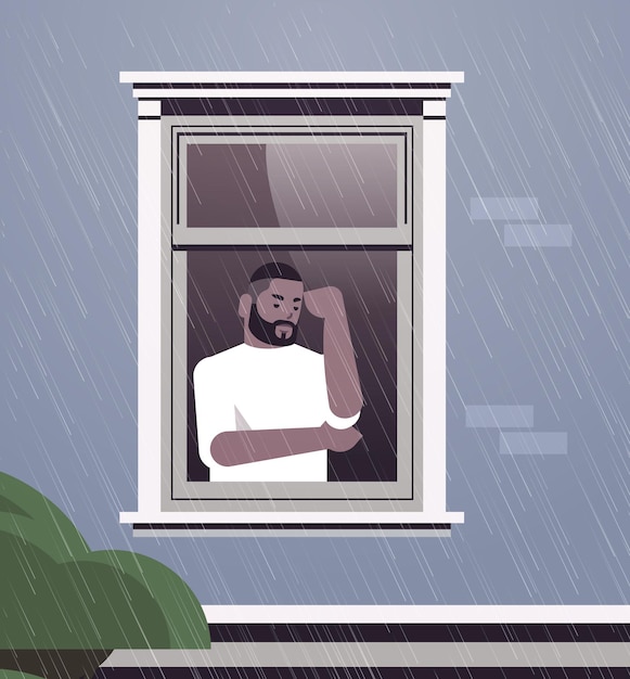 Unhappy depressed man looking at window guy feeling desperate and lonely thinking about problems mental health diseases depression stress concept vector illustration