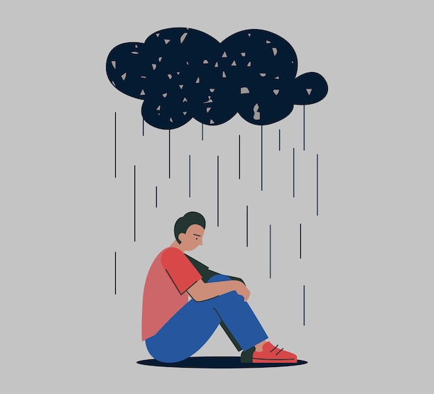 Unhappy depressed sad man in stress with negative emotion
problem sitting under rain cloud