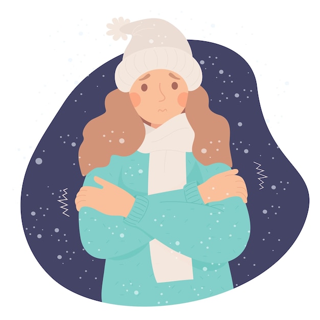 Vector unhappy girl freezing wearing and shivering under snow