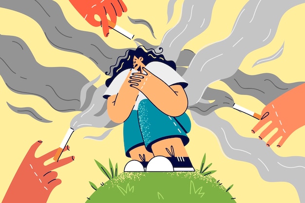 Vector unhappy girl suffer from passive smoking