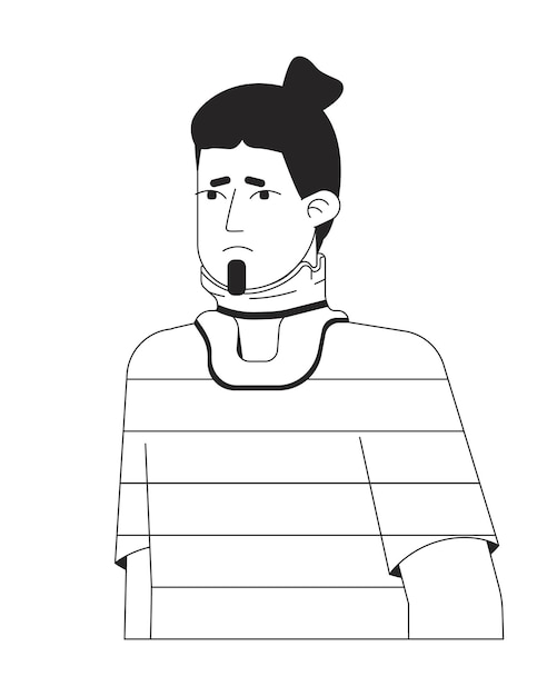 Unhappy guy has neck injury flat line black white vector character Editable outline half body man in neck support bandage on white Simple cartoon isolated spot illustration for web graphic design