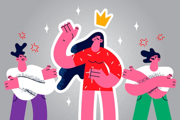 unhappy mad people jealous successful confident female colleague or worker. angry employees envy woman competitor or rival. work or business competition and rivalry. vector illustration.