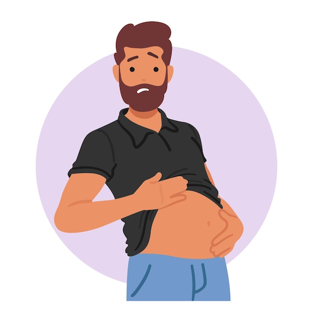 Vector unhappy male character experiencing bloating due to gastritis displays discomfort or abdominal distension often stemming from inflammation of the stomach lining cartoon people vector illustration