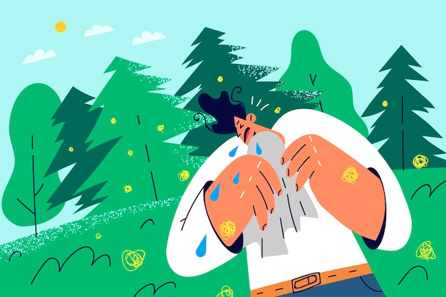 Vector unhappy man crying being lost in forest