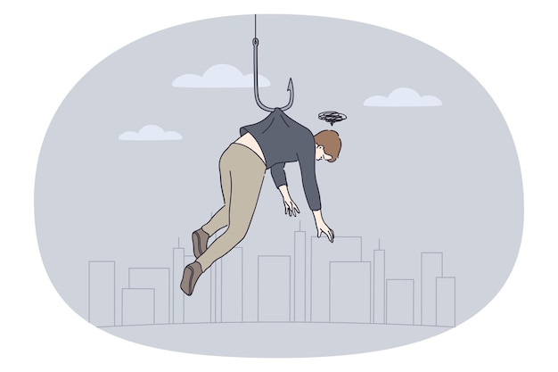 Unhappy man hang on huge hook suffer from life mental or psychological problems Stressed male suffer from depression or psychiatry disorder Healthcare and help Vector illustration