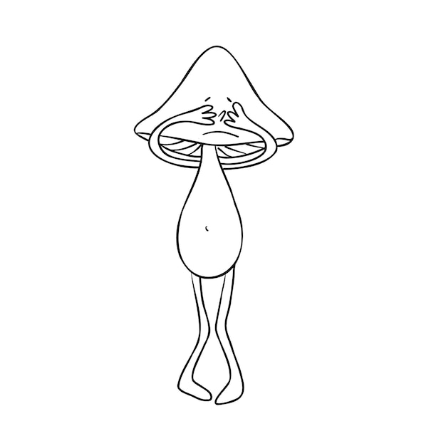 Unhappy mushroom drying tears. Crying fungus.Black and white line fungi doodle.