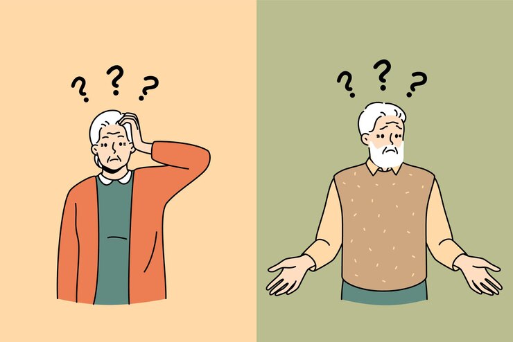 Vector 머리 위에 물음표가 있는 불행한 노인과 여성은 알츠하이머병으로 고통 받고 있습니다. 혼란스러운 성숙한 조부모는 치매 뇌 문제 벡터 일러스트레이션
