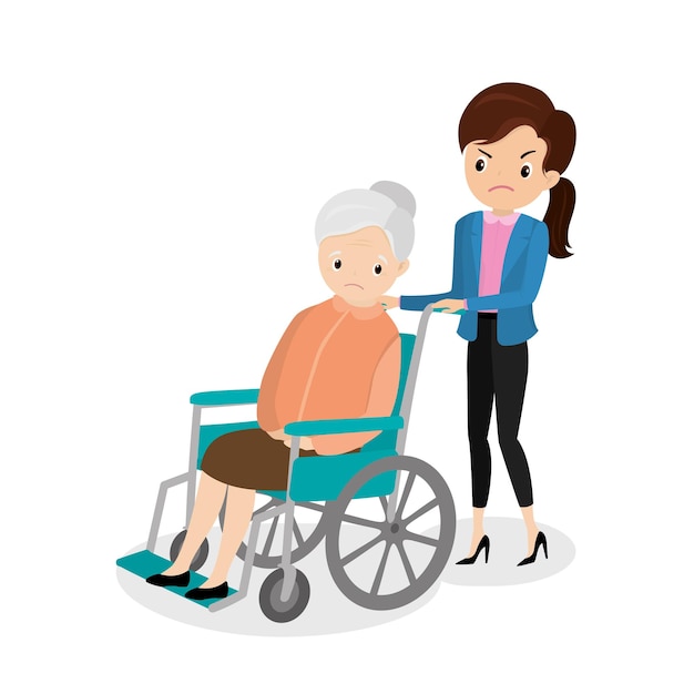Unhappy old woman in a wheelchair and andry girl vector