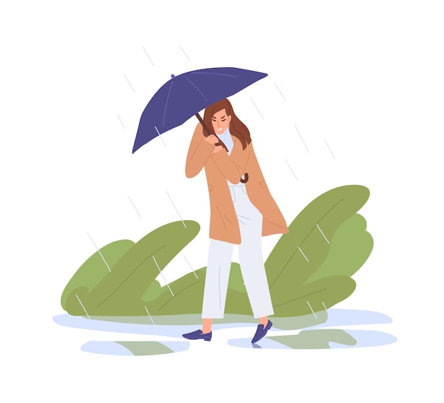Unhappy person holding umbrella, walking under heavy rain. Bad rainy and windy weather concept. Woman wading through puddles in rainfall. Colored flat vector illustration isolated on white background.