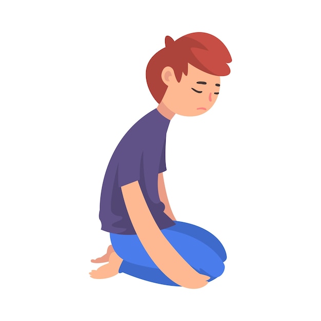 Unhappy Sad Boy Kneeling on Floor Depressed Lonely Anxious Abused Teenager Having Problems Vector Illustration on White Background