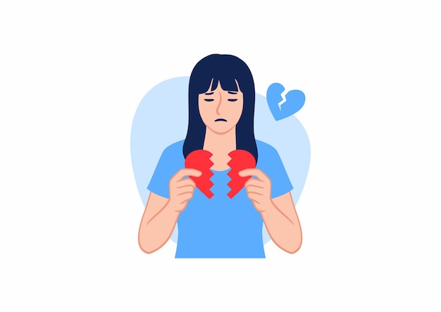 Vector unhappy sad girl holding two parts of ripped broken heart couple break up ending relationship