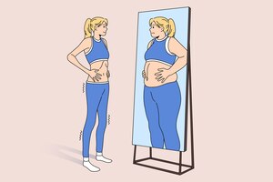 Unhappy skinny girl look in mirror see fat reflection