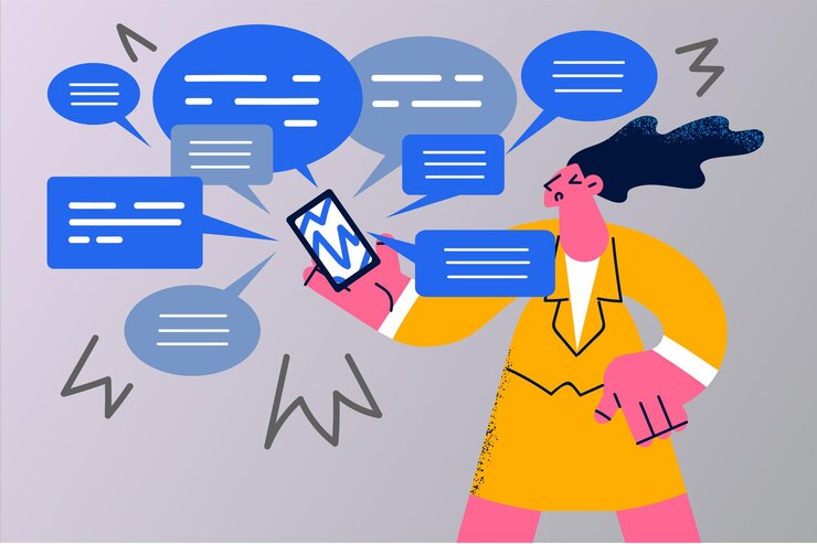 Vector unhappy woman distressed with internet notifications on cellphone